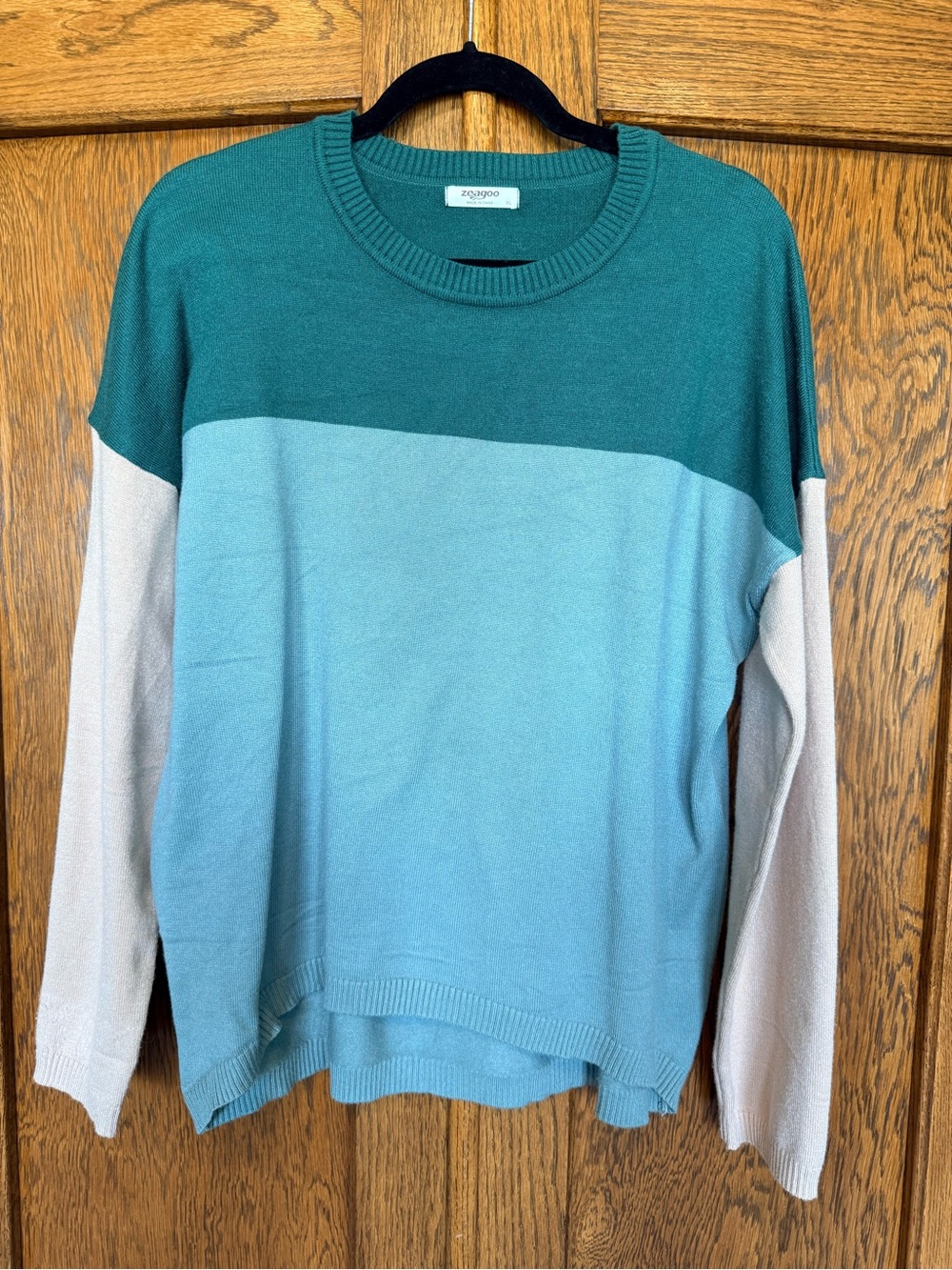 zeagoo Women’s Colorblock Crewneck Sweater - Teal, Light Blue & Cream